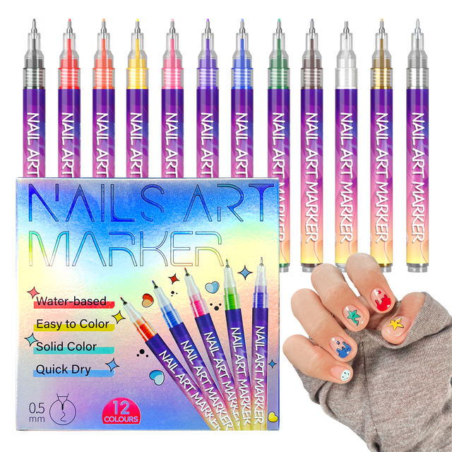 Flysea 0.5mm Fine Tip Nail Art Pen Set 12 Colors Imported Nib Long Lasting Non-Toxic Nail Graffiti Pen for Nail Design