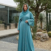 Robe longue élégante à volants et lacets, col en V, de haute qualité, couleur unie, manches longues, style Moyen-Orient arabe, avec foulard ton sur ton, ensemble deux pièces