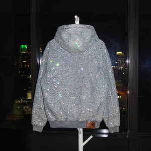 Chaqueta de mezclilla con cremallera para hombre, estilo streetwear, 100% algodón, con pedrería completa, bordada, extragrande y holgada, personalizada OEM - Product Image 1
