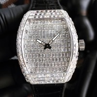 Montre mécanique unisexe de luxe en acier inoxydable, forme tonneau, sertie de moissanite, étanche au quotidien, best-seller