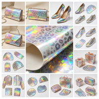 Rouleau de cuir synthétique en silicone imprimé léopard holographique multicolore pour la fabrication de sacs à main, de pochettes et de chaussures, finition brillante