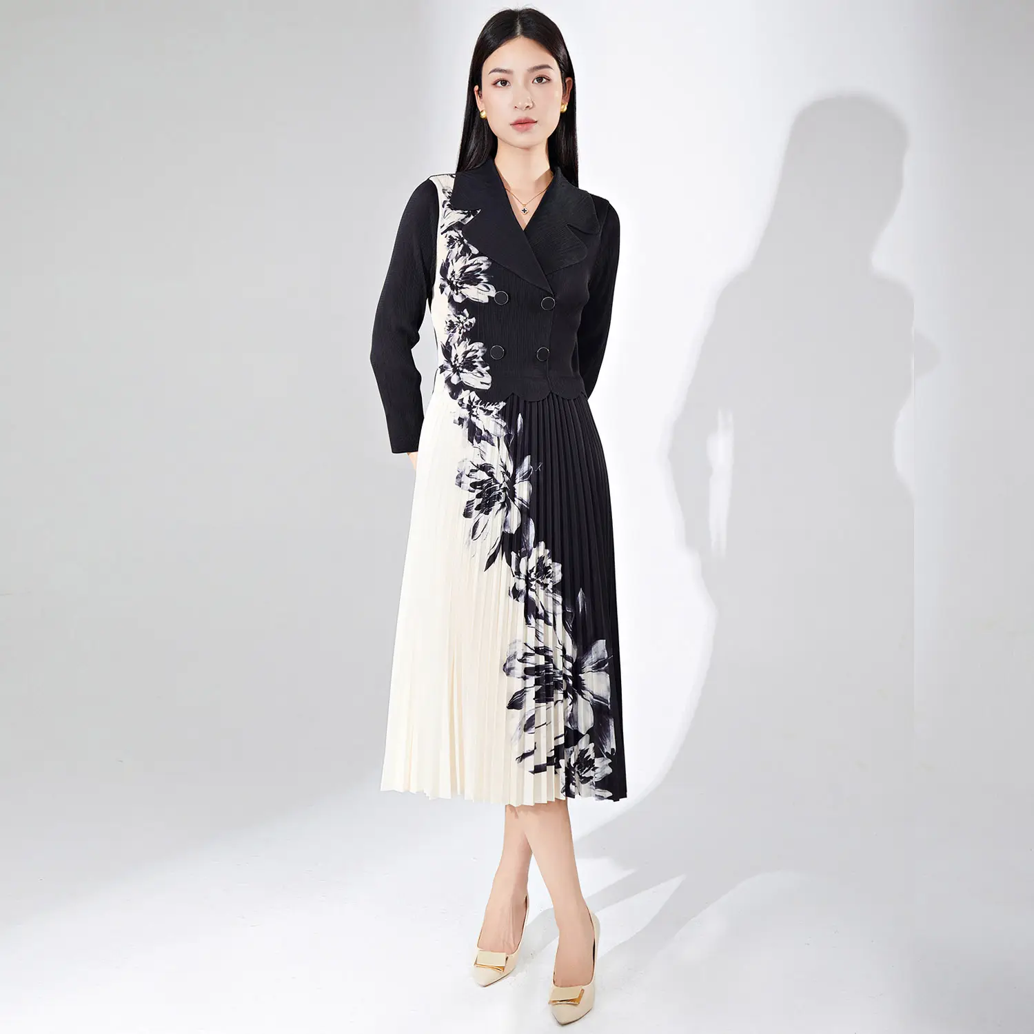 Chinese Style Pleated Dress Autumn and Winter Collection for Sophisticated Middle-Aged Moms with Floral Prints Casual Dress