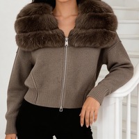 Cardigan décontracté pour femme, col en V, tricoté à l'ordinateur, uni, manches longues, avec col en vraie fourrure de renard, veste courte zippée pour l'automne