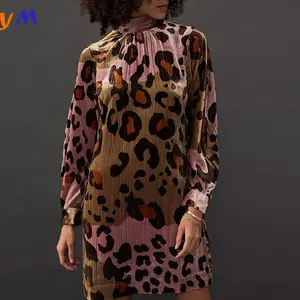 All Over Leopard Midi Pullover Hoodie Style Mock Neck Tunic Silhouette Print Women Long Velvet Dress