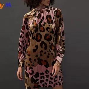 Tất Cả Các Trên Leopard Midi Áo Thun Áo Phong Cách Mock Cổ Áo Hình Bóng In Phụ Nữ Dài Nhung Váy