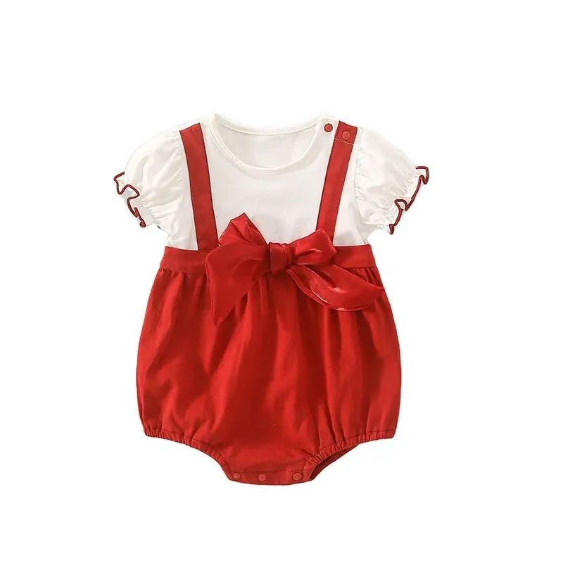 Mono personalizado de manga corta de verano para bebé, mono de algodón puro de clase A para niña, lazo para recién nacido, vestido rojo para exteriores, traje para gatear para bebé