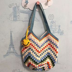 100% Hand-Crocheted Women's Grandmother Bag Creative Sweet Crochet Rainbow Wavy <b>Basket</b> Accessory Handbag Two Straps Open Closure - Product Image 3