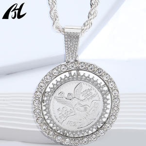 Liontin modis malaikat bertatahkan berlian es budaya Meksiko liontin 50 Peso berlapis emas perak 14K gaya Punk - Product Image 2