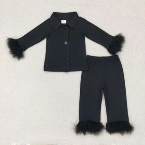 Ensemble pyjama pour enfants filles, haut à manches longues boutonné et pantalon avec bordure en fourrure, tenue de détente 2 pièces, automne et hiver - Product Image 2