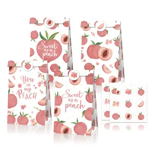 Huancai sweet peach design 12 pcs paper gift bag candy goodies treat bag with stickers for kids birthday fruits party supplies
