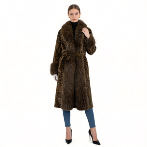 Luxury Leopard Print Long Faux Mink Fur <strong>Coat</strong> with Faux Fur Trim Warm Winter Outerwear for <strong>Ladies</strong> - Product Image 1