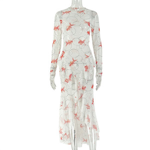 Vestido de mujer de malla transparente con estampado de dos colores, manga larga, abertura, maxi vestido para fiesta o vacaciones, tallas S-L - Product Image 5