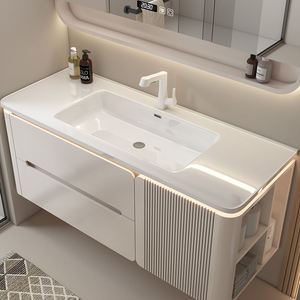 Meuble-lavabo flottant blanc crème personnalisé en gros avec coins arrondis, miroir LED et design compatible robot aspirateur - Product Image 5