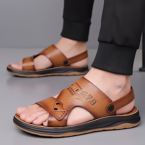 Sandales d'extérieur en cuir véritable pour hommes, chaussures de plage décontractées à bout ouvert, semelle en caoutchouc antidérapante, taille 79 - Product Image 4