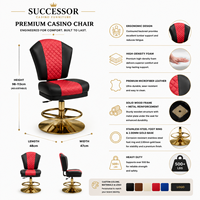 Chaises de casino SUCCESSOR, base dorée réglable, construction robuste, fournisseur de chaises de poker, fabricant de chaises pour machines à sous