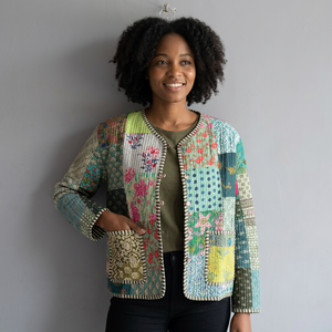 Quilted <b>Patchwork</b> <b>Jacket</b> Women's Mandarin Collar Full Sleeve Cotton Spring Style Regular Length Printed Design gift for her - Product Image 1