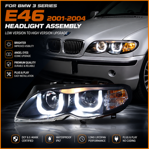Para <span class=keywords><strong>BMW</strong></span> E46 Serie 3 2001-2004, Faro Delantero Bi-LED con Proyector, Ojos de Ángel en Forma de U, DRL, Carcasa Negra, Conjunto de Faros Delanteros (Par) - Product Image 1