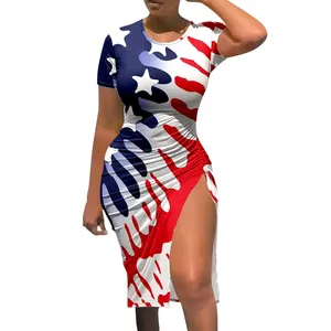 Supplier wholesale American flag pattern sexy slit dress custom Independence Day gift comfortable sundress plus size skirt