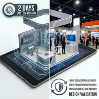 Stand d'exposition modulaire personnalisé de 10 à 20 pieds avec panneaux en carbone cristallin, comptoir de réception incurvé, rétroéclairage LED et finition bois.