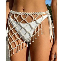 Pareo de playa femenino hecho a mano con perlas, de red con cuentas, con flecos, cadena de cintura y falda de perlas blancas