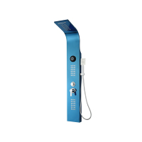 Panneau de douche LANO en acier inoxydable brossé bleu avec double poignée, haut-parleur Bluetooth intégré et jets de massage pluie