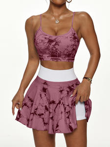 Set Rok Olahraga Pinggang Tinggi Tie Dye Kustom Dua Potong Tahan Guncangan Seksi untuk Wanita, Cocok untuk Gym, Golf, dan Tenis - Product Image 2
