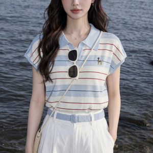 Camiseta de Manga Corta a Rayas Personalizada para Mujer, Estilo Preppy, Transpirable, Largo Regular, Algodón/Bambú, Logotipo Bordado - Product Image 3