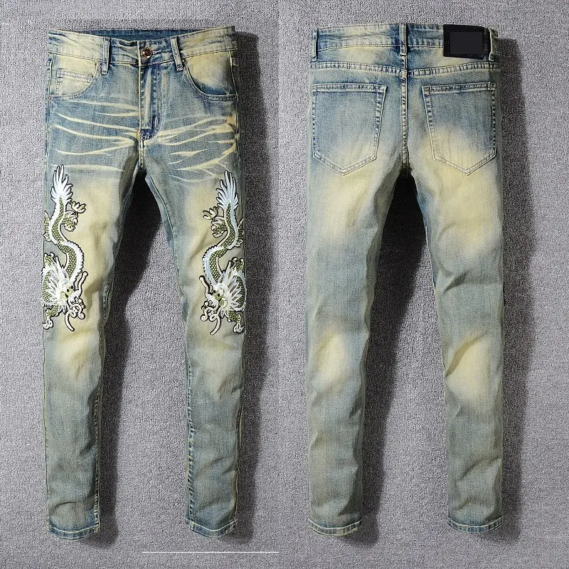 Nieuwe Italië Stijl #3305 # mannen Draken Geborduurd Broek Gewassen Blauw Skinny Jeans Slim Broek Maat 29- 40