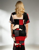 Ensemble deux pièces élégant rétro pour femmes grandes tailles - Motif géométrique rouge et noir, tenue de bureau et occasions formelles