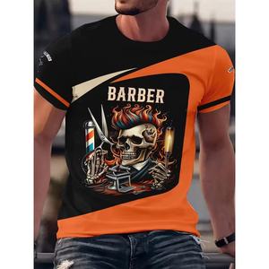 Camiseta de Barbero con Estampado de Calavera y Cabello en Llamas, Negra y Naranja, Estampado Completo, Unisex, Jersey con Gráficos de Barbería - Product Image 1