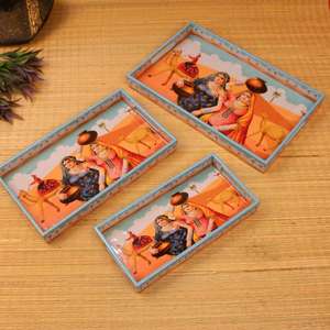 Bandeja de Servir de Madera Artesanal con Estampado Rajastaní, Bandeja Tradicional Étnica para Té y Café, para Decoración del Hogar y Regalos - Product Image 1