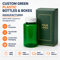 Bouteille en PET verte personnalisée de qualité alimentaire pour emballage de compléments alimentaires, bouteille en plastique avec protection UV et bouchon à vis nervuré blanc, OEM ODM