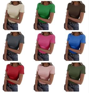 Camiseta Básica de Cuello Redondo Acanalado para Mujer, Manga Corta, Ajustada, para Ropa Urbana y Diaria - Product Image 1