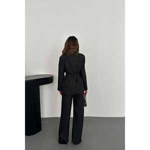 Elegant Black Belted <b>Suit</b> Set Women's Satin Pants <b>Jacket</b> Anti-Wrinkle 100% Polyester - Product Image 5