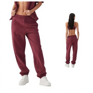 Pantalon en molleton bordeaux pour femme, taille élastique, coupe ample, décontracté, longueur intégrale, couleur unie, pour l'automne - Product Image 1