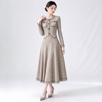 Robe plissée style Chanel pour femme, prête à être expédiée, en faux tweed imprimé, robe longue, expédition sous 7 jours, élégante pour le bureau et les occasions sociales
