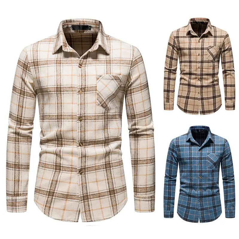 Wholesale New Men's Thickened Plaid Shirts Youth Fashion Casual Long Sleeve Men Flannel Shirts