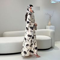 Élégant Caftan Marocain Musulman pour Femme, Modeste, avec Turban Intégré et Foulard, Imprimé Floral Abstrait, Manches Longues, en Polyester Respirant, Taille XS