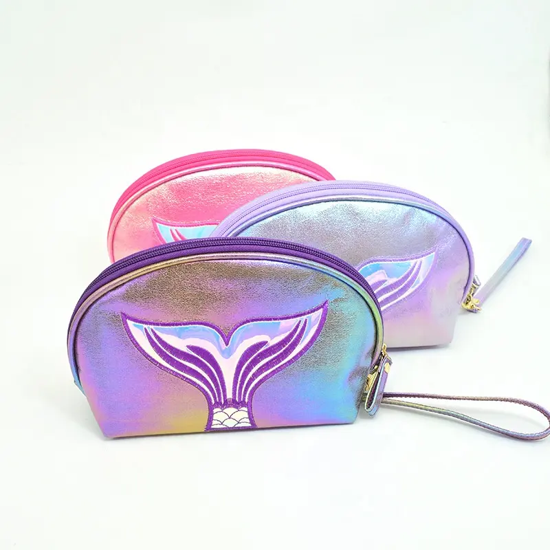 Newest laser PU leather fish tail half round bag mermaid makeup case rainbow fantasy color cosmetic bag in stock