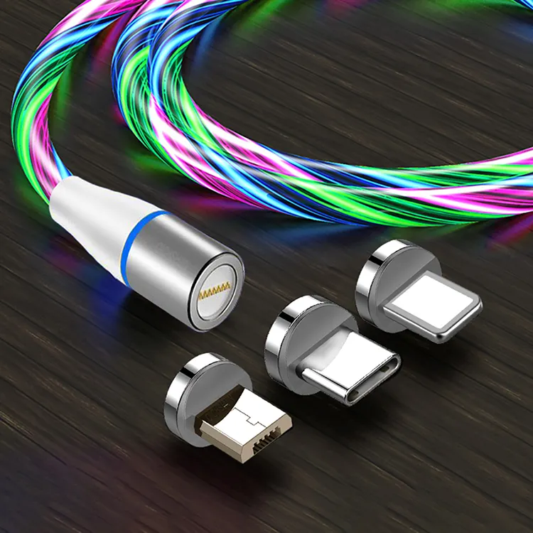 Factory price 3A Flowing Light Luminous Magnetic charging usb data Cable 3 in 1 for 8 Pin Type C Micro