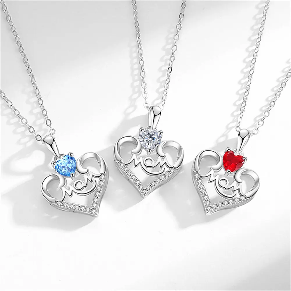 Wholesale In Store Quick Shipping Fashion MOM Pendant Blue CZ Stone Heart Shape Mother's Day Gift Jewelry Necklace Silver 925