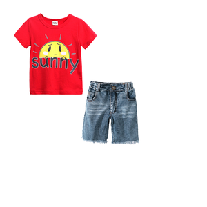 Conjunto de dos piezas de verano para niños 100% algodón cuello de bebé de manga corta Top pantalones cortos de mezclilla traje para niños mayores de <span class=keywords><strong>9</strong></span> años con logotipo - Product Image 6