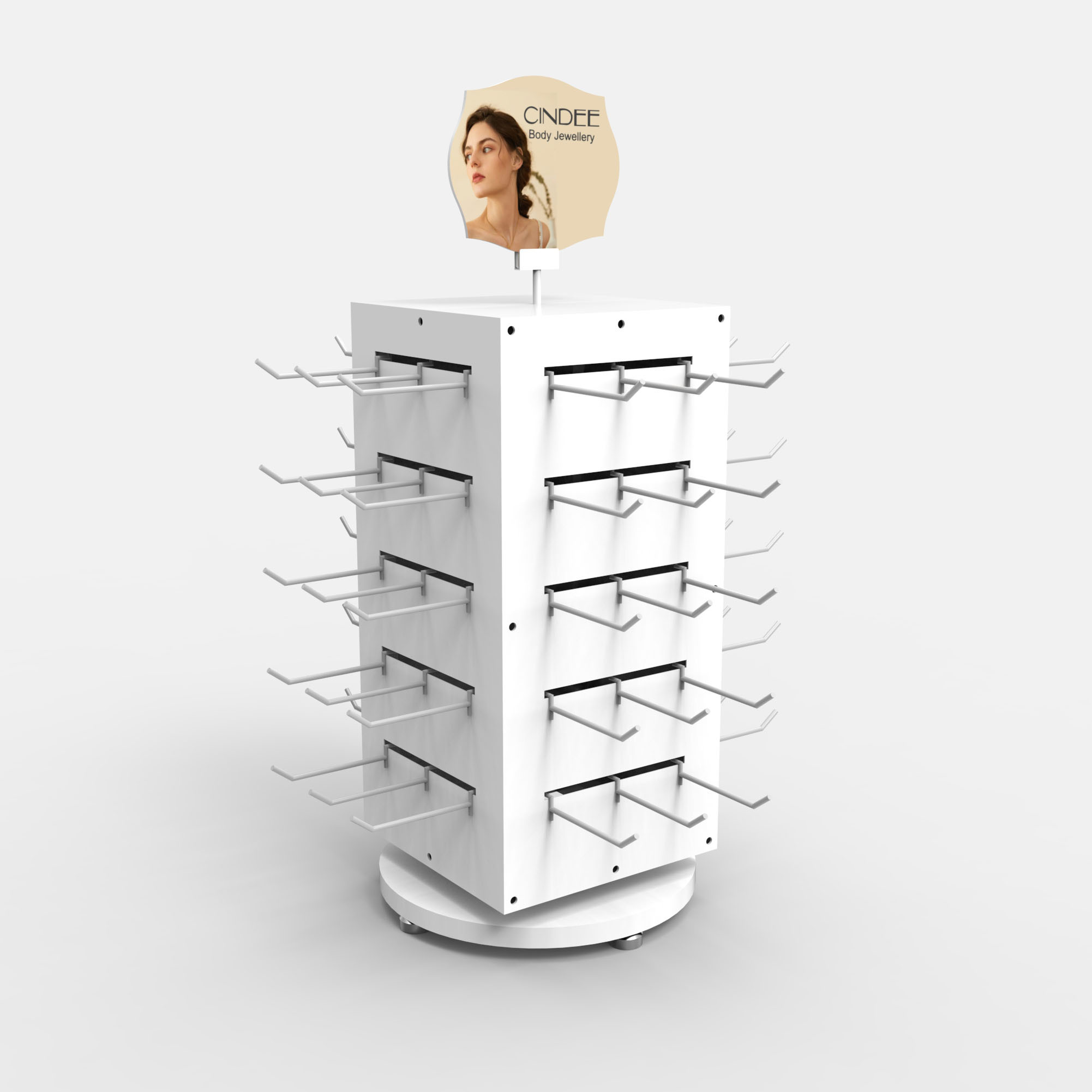 Hair Ornaments Portable Display Stand White Rotational Tube Metal Counter Top Racks Round Base Shelf Long Pegs Minimalist Design