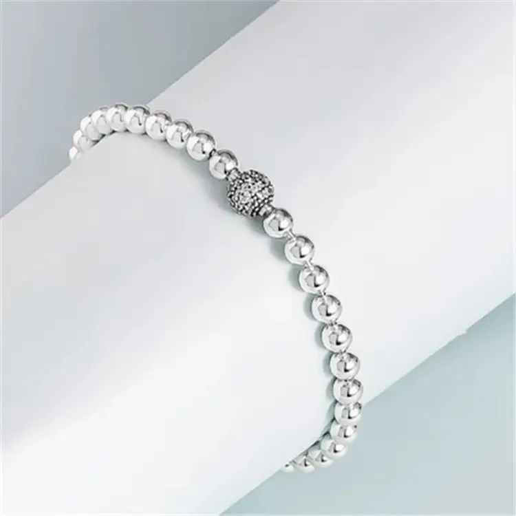 Bracciale con perline e pavé bracciale in argento S925 bracciale in argento Sterling 925 placcato argento con catena e zirconi della boemia Bldnysp