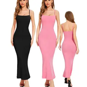 Melhor Seamless Tummy Control Contour Shaper Dress 2 Em 1 Plain Black Full Slip Shapewear Bodycon Vestido Com Construído Em Shaper