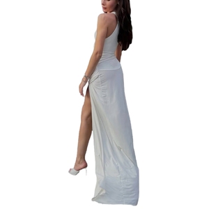 Nouvelle Arrivée Robe Longue Femme Unie Sexy et Élégante Ajustée Sans Manches avec Fente Haute et Volants Taille Naturelle - Product Image 2
