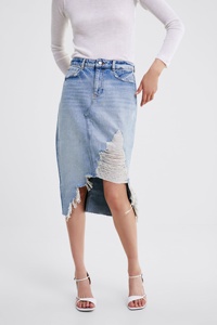 Moustache effet déchiré denim femmes jupes de mode stretch bleu <span class=keywords><strong>dames</strong></span> jeans jupes - Product Image 4