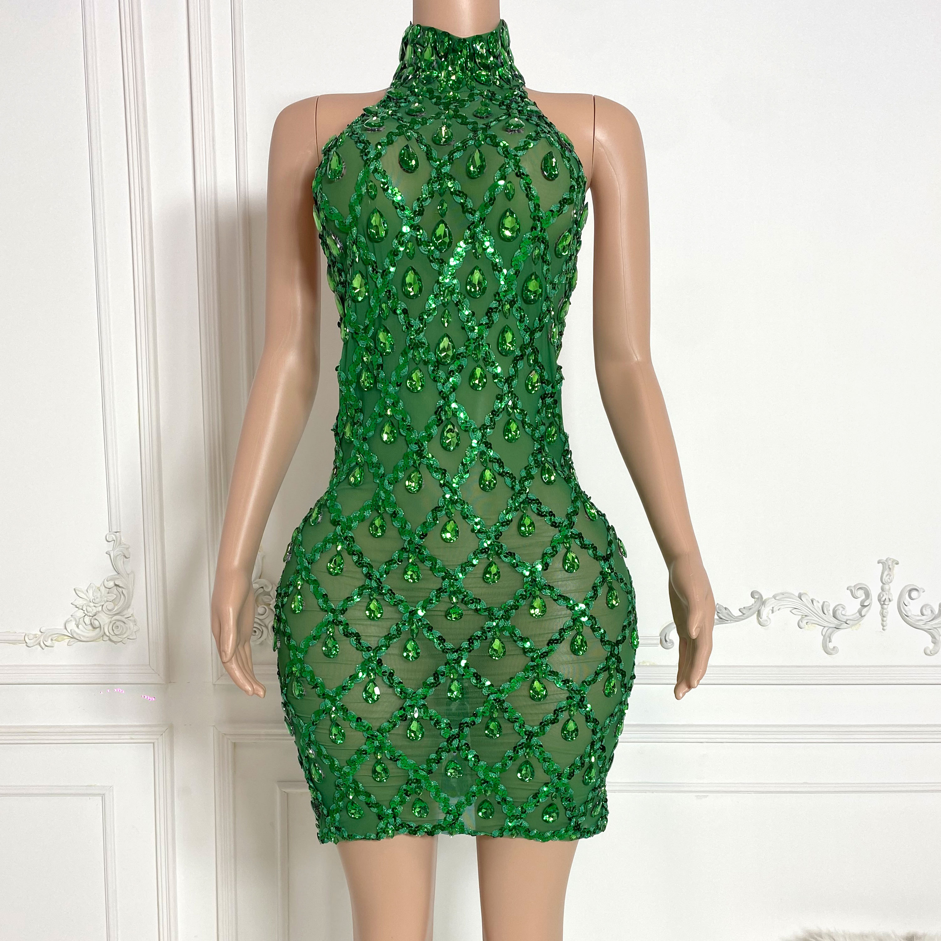 Olive Green Party Dress - Elegant Mesh Dress with Rhinestones