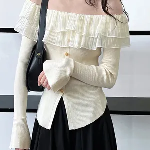 Kingsun OEM ODM custom design y2k slim fit off-shoulder long sleeve with lace knitwear sweater pullover for women