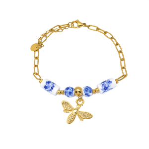 Fine Charm <b>Bracelet</b> 316L Stainless Steel PVD <b>Gold</b> Plating Bee Pendant Blue Floral <b>Beads</b> - Product Image 2